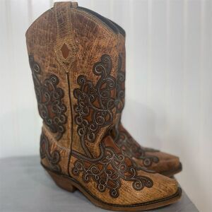 Rockin Country RC5100 Women’s 7.5 Brown Embroidered Western Cowboy Boots Leather